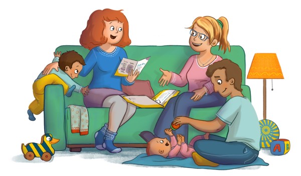 Illustration Familie mit Kleinkind auf der Couch blättert in einem Buch, Vater sitzt am Boden und spielt mit Baby, dass zu ihm aufschaut und auf einer Decke liegt