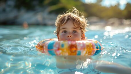 Ein kleines Kind im Pool mit Schwimmring