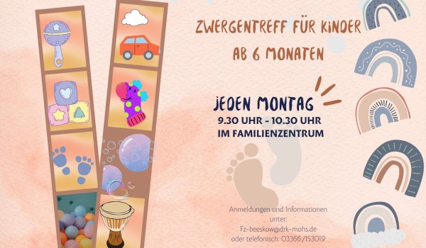 Zwergentreff für Kinder ab 6 Monaten, jeden Montag 9:30-10:30 Uhr im Familienzentrum.