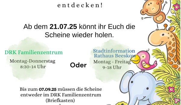 Fahrradspaß ab 28.07.2025!  Scheine ab 21.07.25 im DRK Familienzentrum oder Stadtinfo Beeskow abholen.