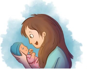 Eine Person hält ein Baby in den Arm und lächelt es an, umgeben von einem blauen Hintergrund.