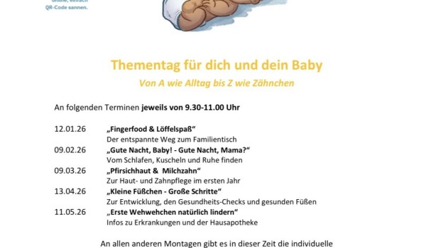Ein Baby liegt entspannt auf der Rücke und zeigt verschiedene Themen für Eltern in einem Veranstaltungsflyer.