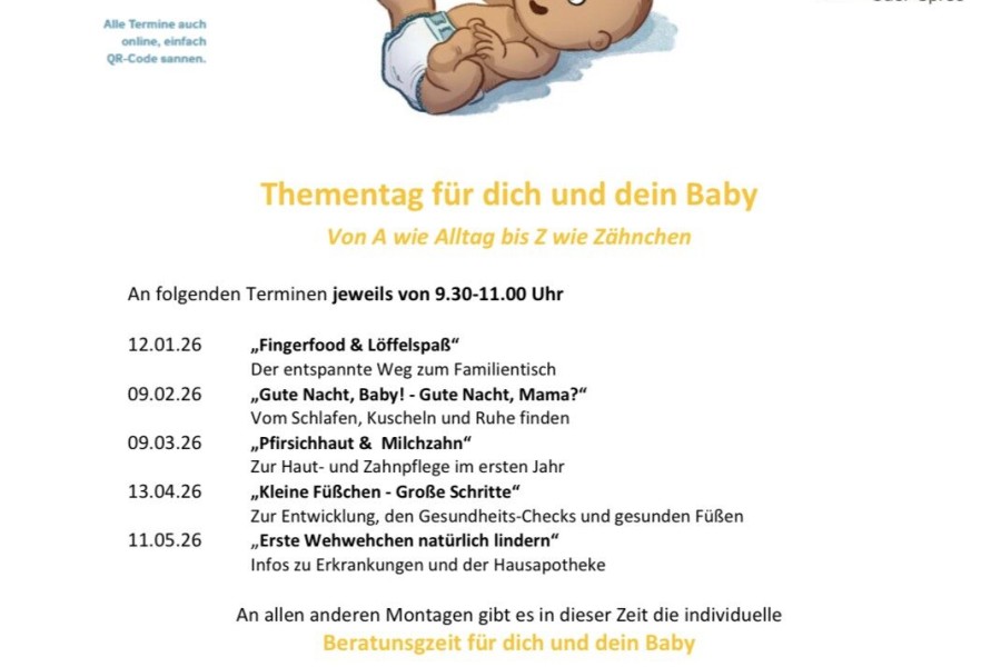 Ein Baby liegt entspannt auf der Rücke und zeigt verschiedene Themen für Eltern in einem Veranstaltungsflyer.