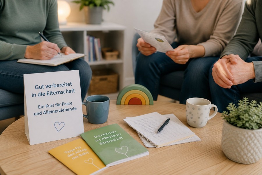 ein Paar in einer Beratungssituation am Tisch mit Informationsmaterialien