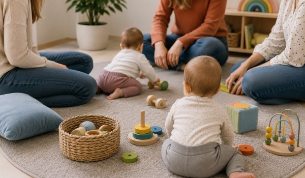 drei Frauen auf einem Teppich und zwei Babys, die mit Holzspielzeug spielen