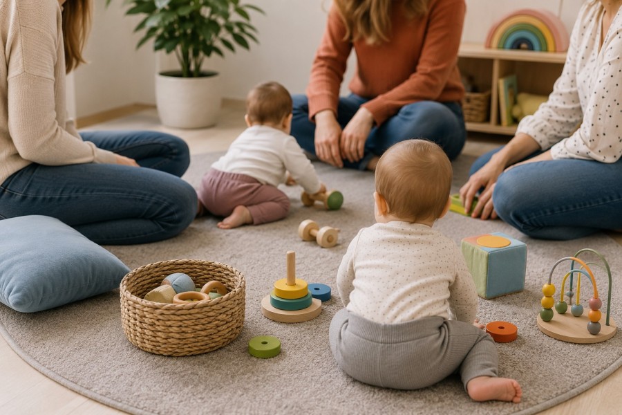 drei Frauen auf einem Teppich und zwei Babys, die mit Holzspielzeug spielen