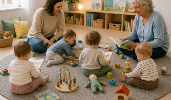Krabbelgruppe beim Spielen und Lesen