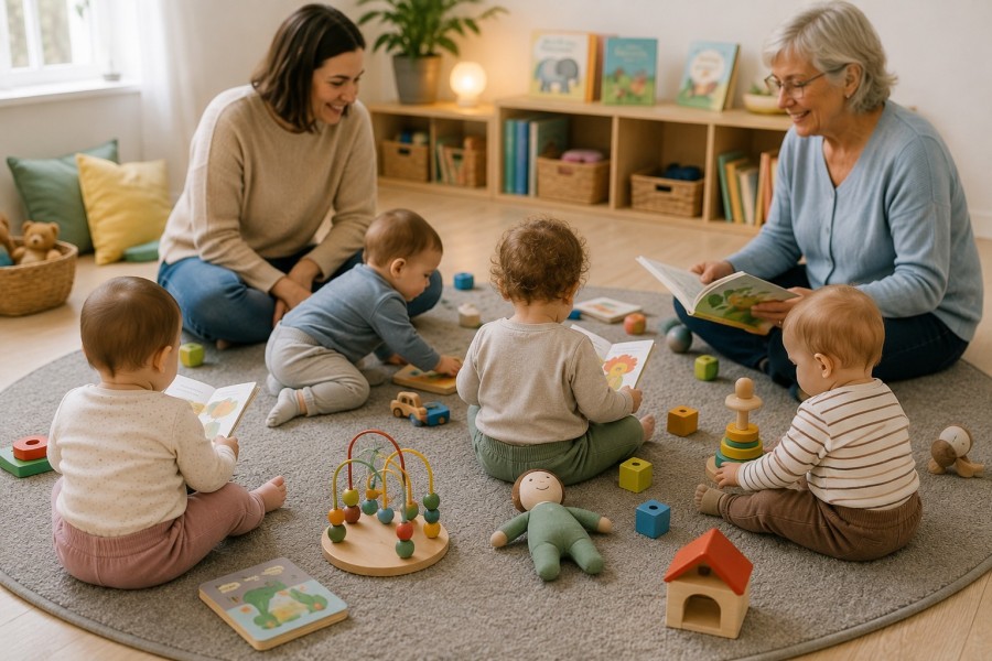 Krabbelgruppe beim Spielen und Lesen